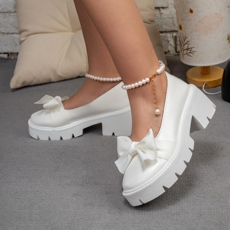 Fashion Bow Block Heel Single Shoes Women's Autumn New Round Toe Shallow Mouth Beaded Platform Non-Slip Heels