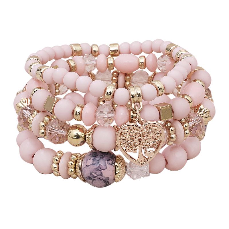 Bohemian Ethnic 4-Piece Bracelet Set: Multi-Layer Stackable with Peach Heart Tree Pendant & Acrylic Beads.
