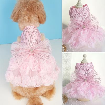 Evcil Hayvan Elbisesi Papyon Payetler Yapay Elmas 3D Çiçekler Örgü Pomeranian Dekor Nefes Alabilir Chihuahua Yavru Kedi Kostümü Evcil Hayvan Düğün Elbisesi
