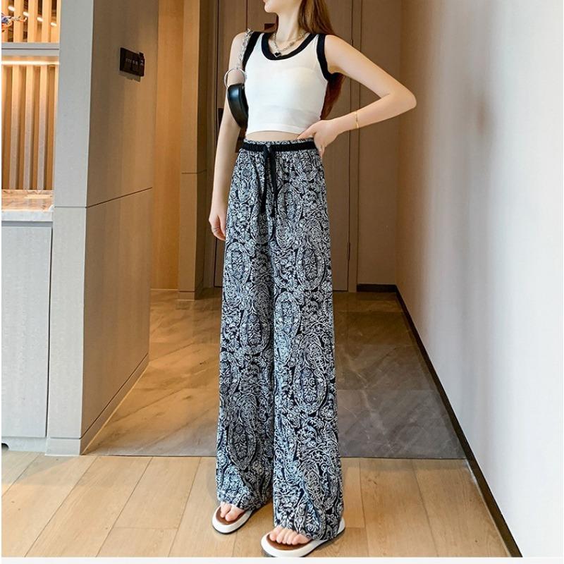 

Женские прямые тонкие брюки больших размеров, летние свободные широкие брюки в этническом стиле с драпировкой и принтом, широкие брюки Tide 2XL чёрный