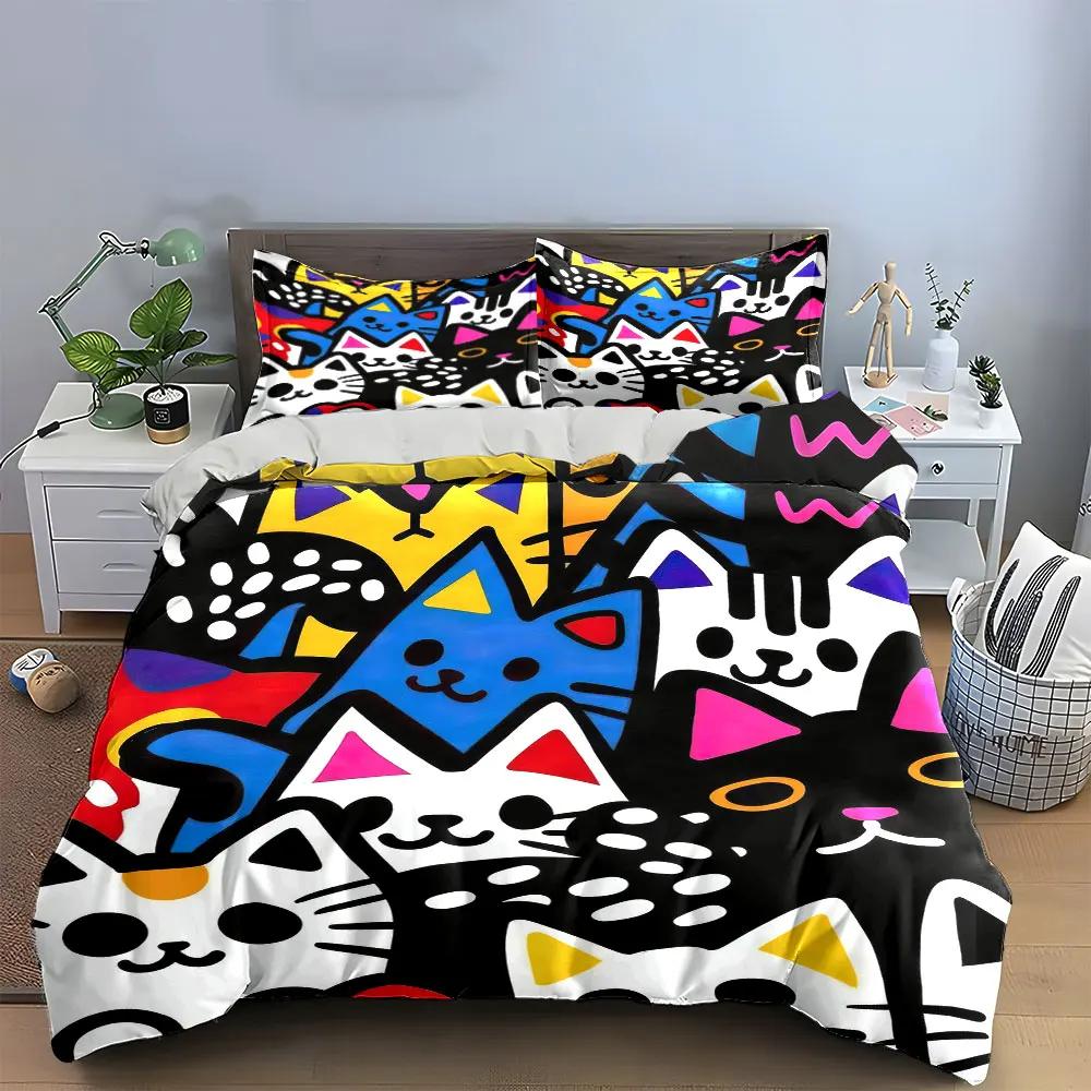 Colorful Cat Art Decor Set Soft Comfortable Duvet Cover Bedding Set Included 1*Duvet Cover & 2*Pillowcases gift
