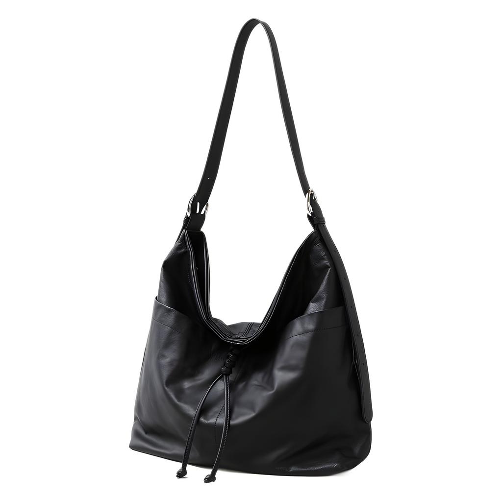 Korean Tote Bag Women's Large-capacity First-layer Cowhide Lazy Wind Shoulder Messenger Bag Casual Versatile Commuter Pleated Bag