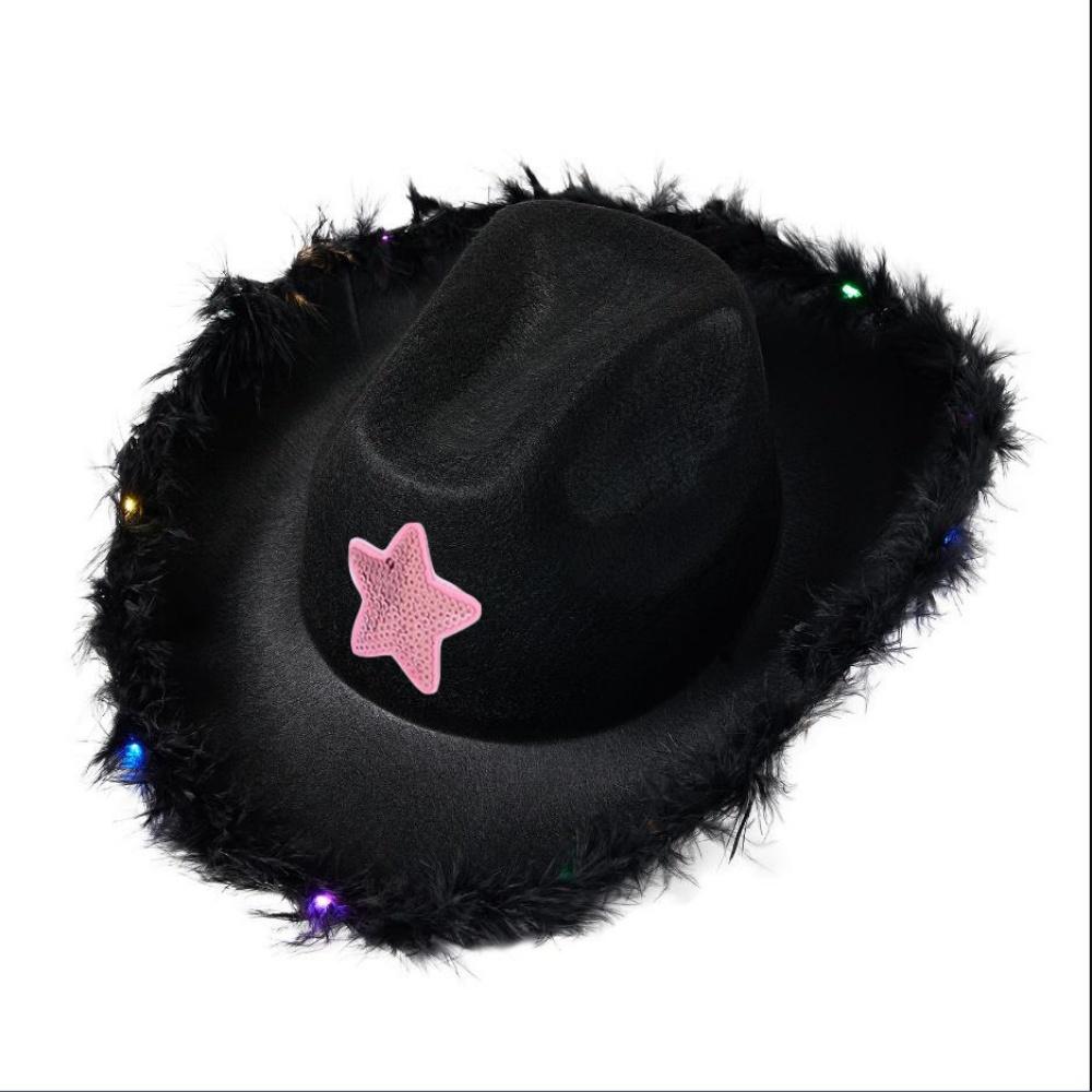Light Up Cowgirl Hat Feather Edge Shiny LED Cowboy Hat Five Pointed Star Hats Performance Costume Cap Birthday Party Costumes