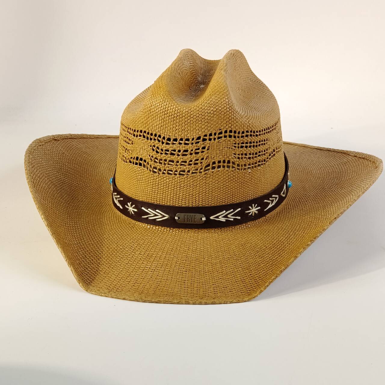 Cowboy straw hat Turquoise Feather Accessory with large brim hard plasticity cowboy outdoor summer sun protection Ranch Hat M55-58cm