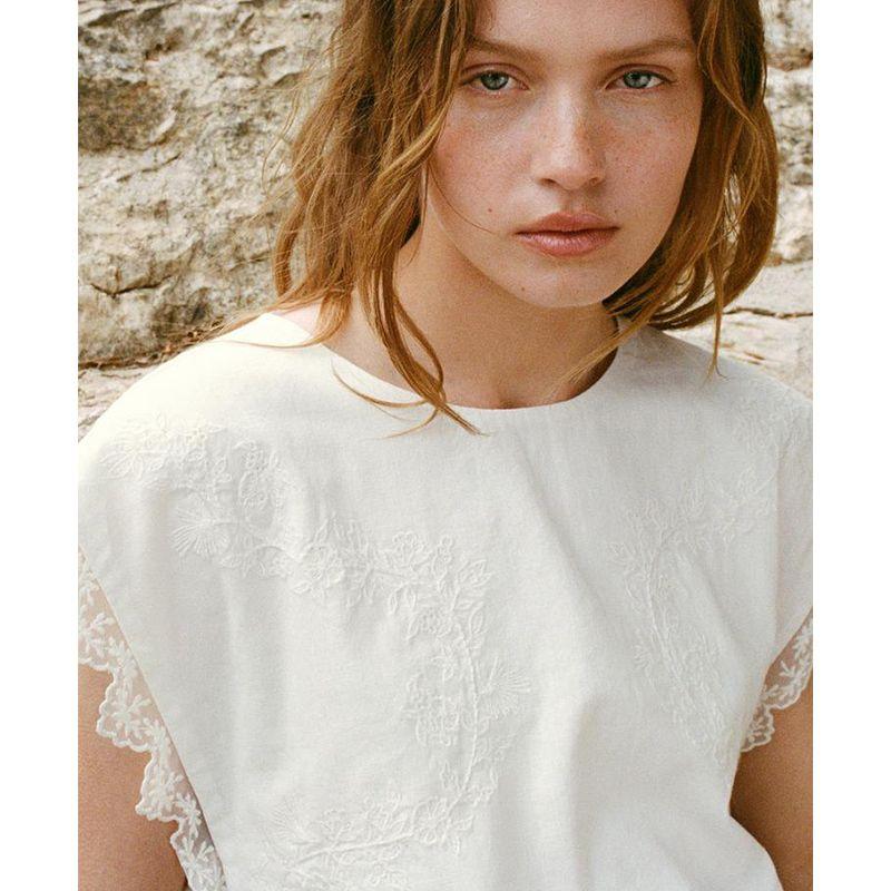 Summer New Product Women's Clothes Ins Style Linen Blend Casual Bowknot Decoration Embroidered Crew Neck Tops 7521016