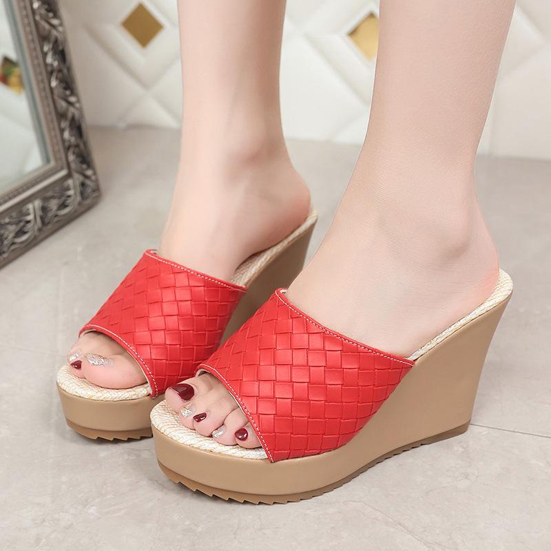 2025 summer new slope heel slippers thick-bottomed waterproof table large size fish mouth slippers casual open-toed women's slippers