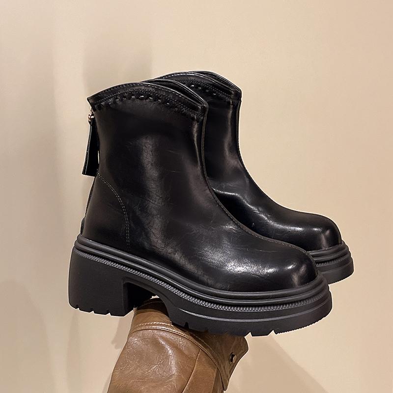 Skinny Back Zipper Booties Women's Autumn and Winter 2026 New Soft Leather Heightened Platform Retro Block Heel Shoes