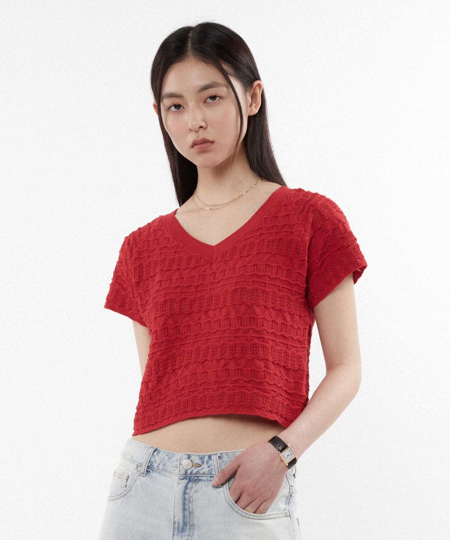 Kimwear (Women) Scalloped V-Neck Short Sleeve Knit_Red Red/Free