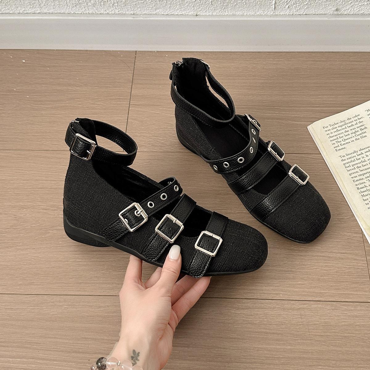 

2025 spring and autumn new flat comfortable Mary Jane ballet shoes women s trend fashion versatile belt buckle single shoes 39 чёрный