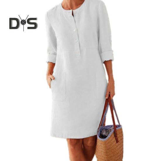 Podzim Jarní Dámské šaty s kulatým výstřihem Jednobarevné Knoflíky Volné Dlouhé rukávy Nášivka Kapsa Délka ke kolenům Neformální šaty na denní nošení