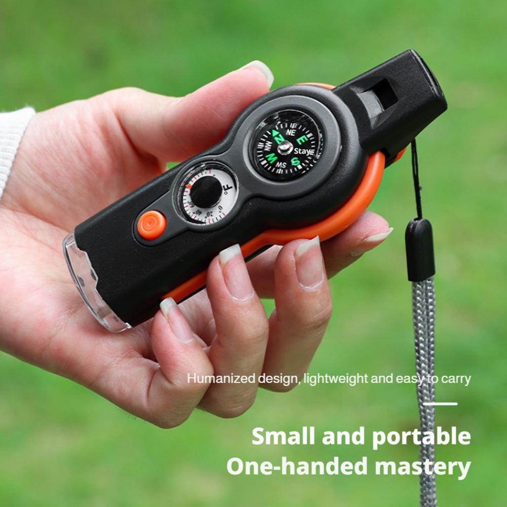 Pfeife Outdoor Survival Notfallwerkzeuge 7 in 1 Multifunktionale LED-Licht Camping Wandern Pfeife Kompass Thermometer Lupe