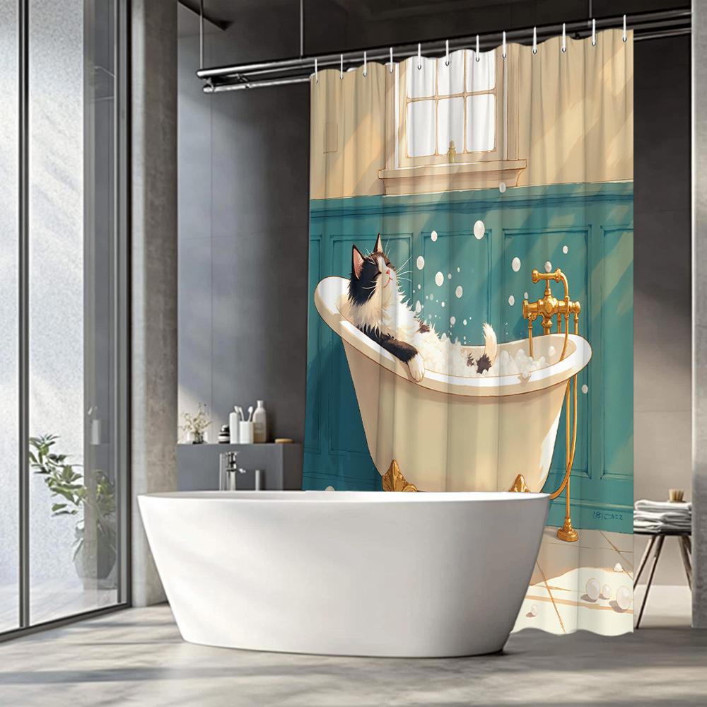 Comfortable Cat Shower Curtain Modern Relaxing Bathroom Decorative Shower Curtain 180X 180Cm With 12 Hooks