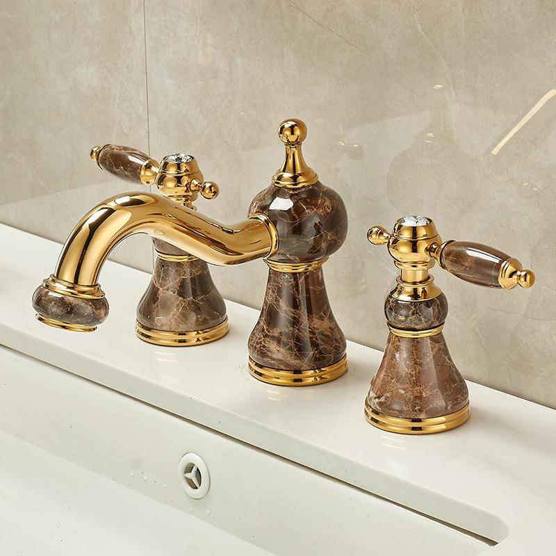 Basin Faucet Gold Brass Jade Bathroom Sink Faucet 3 Hole Widespread Basin Mixer Double Handle Hot And Cold Water Tap New Arrival