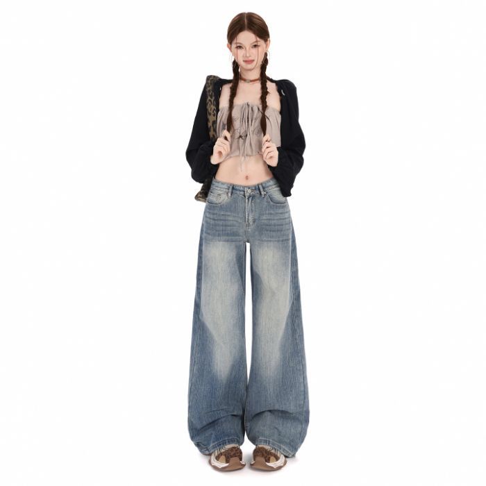 Autumn and winter new retro washed bamboo pattern wide leg straight jeans women
