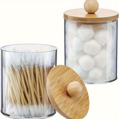 Eleganti barattoli in acrilico con COPERCHIO in legno: perfetti per cotton fioc, dischetti struccanti e piccoli oggetti: un must per l'organizzazione della casa