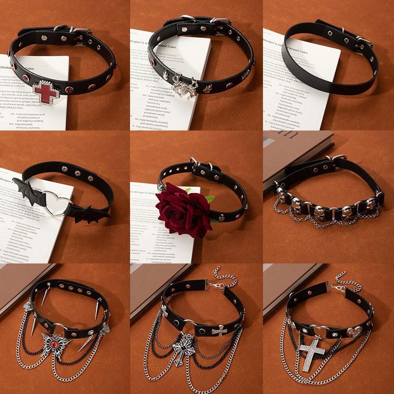 Heavy Industry Red Rose Collar High Sense Choker Cross Necklace Dark Goth Punk Neck Chain Collarbone Chain