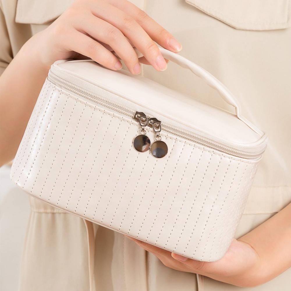 Handheld Solid Color PU Leather Cosmetic Organization Storage Bag Portable Travel Toiletry Pouch for Women