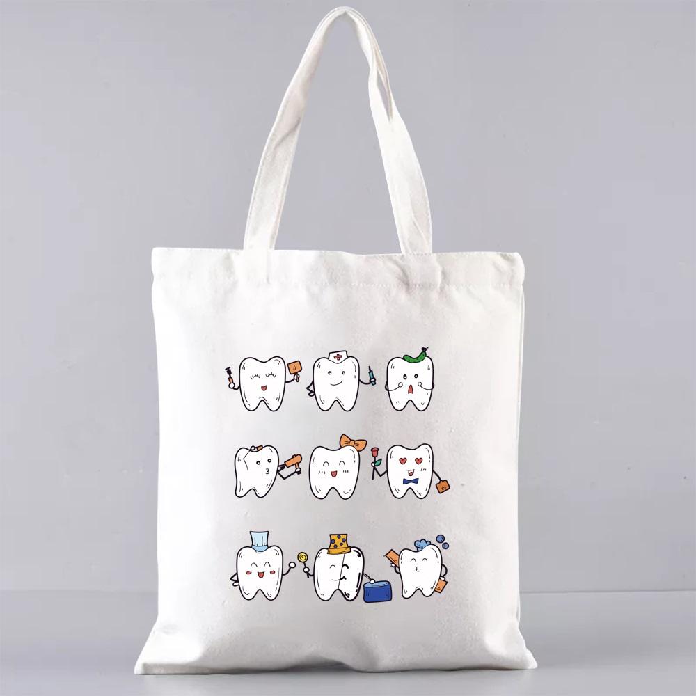 Shopping Bags for Groceries Eco Shoulder Bag  Women Handbags Shopper Reusable Large Capacity Students Books Bag Teeth Pattern