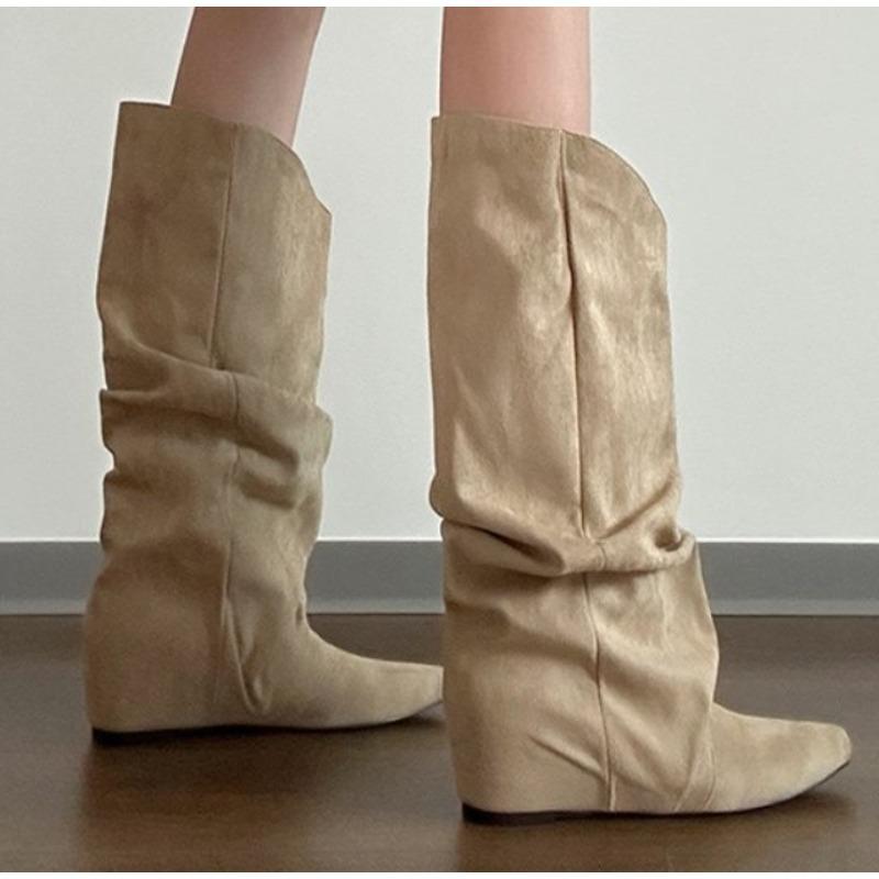Ny Stil Dams Höst Vinter Veckade Dam Western Cowboystövlar Invändig Höjning Riddar Ankelstövlar Zapatos De Mujer