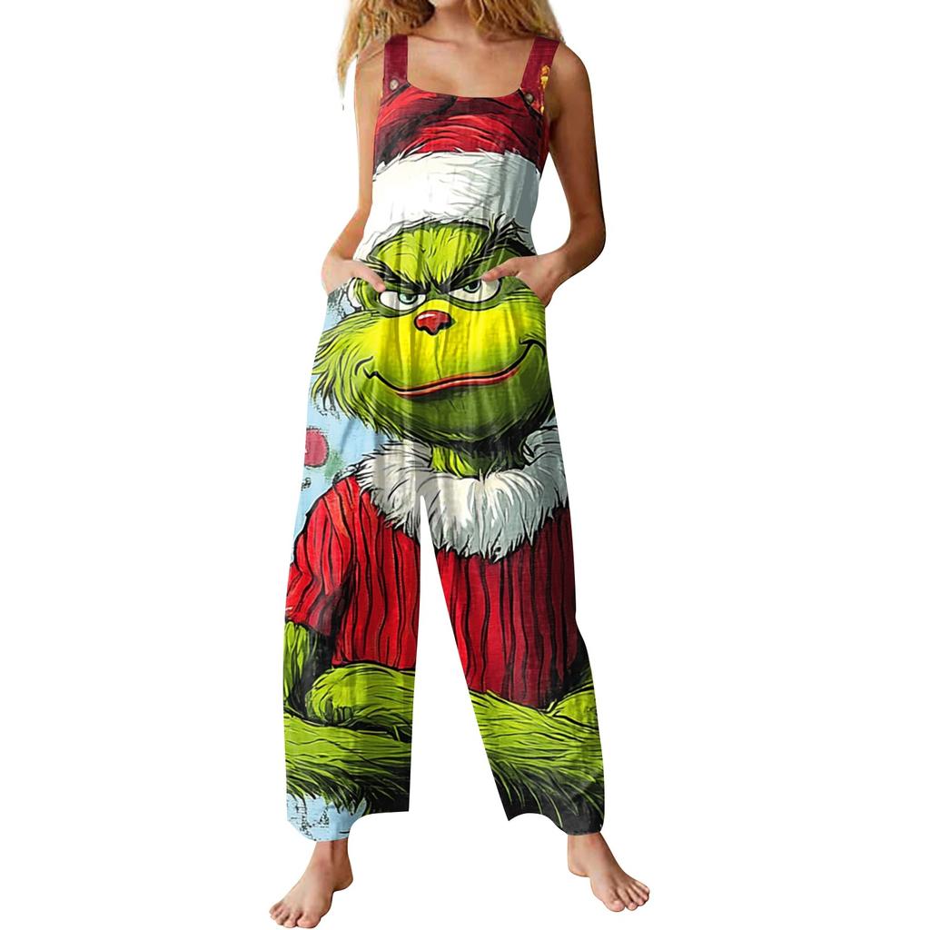 Damen Lässige Overalls Jumpsuits Verstellbare Träger Ärmellos Weihnachtsprint Bequeme Einteiler Mit Tasche