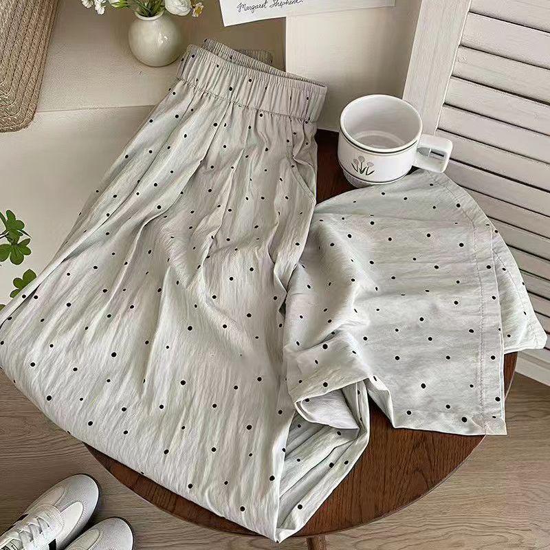 Summer Polka Dot Wide-Leg Yamamoto Pants: Women's Loose, Slimming, Drapey, Floor-Length Casual Pants