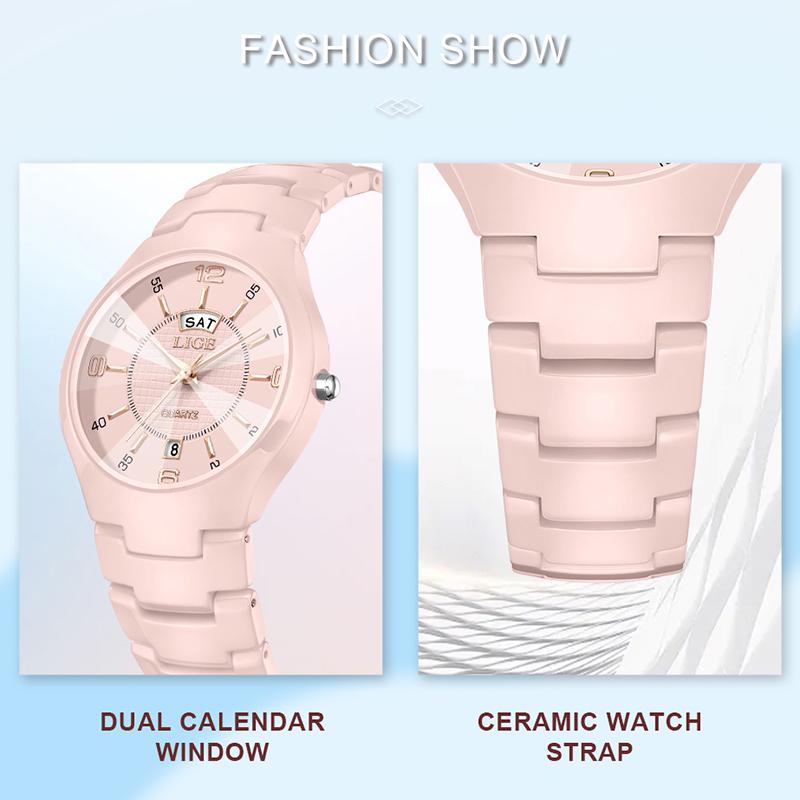 LIGE Elegante Keramik Damenuhr Luxus Mode Quarz Armbanduhren Wasserdicht Datum Woche Uhren Damen Geschenke Reloj Mujer+Box