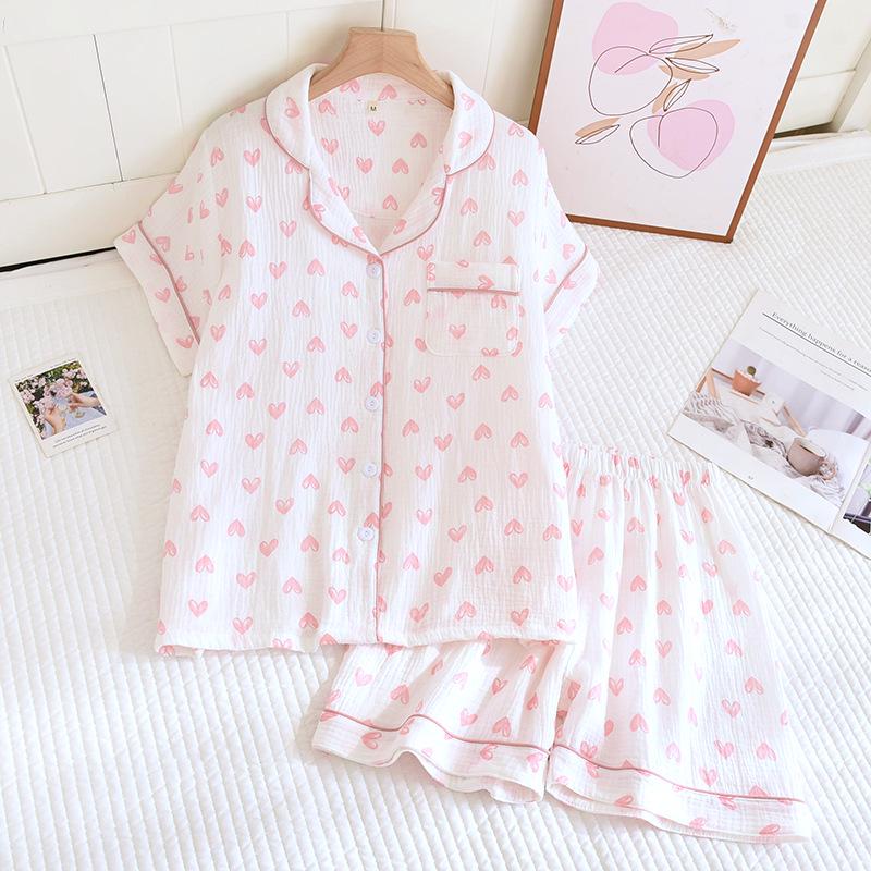 Damski letni zestaw piżamowy z czystej bawełny - Słodki, Przewiewny, Krótki rękaw i Szorty