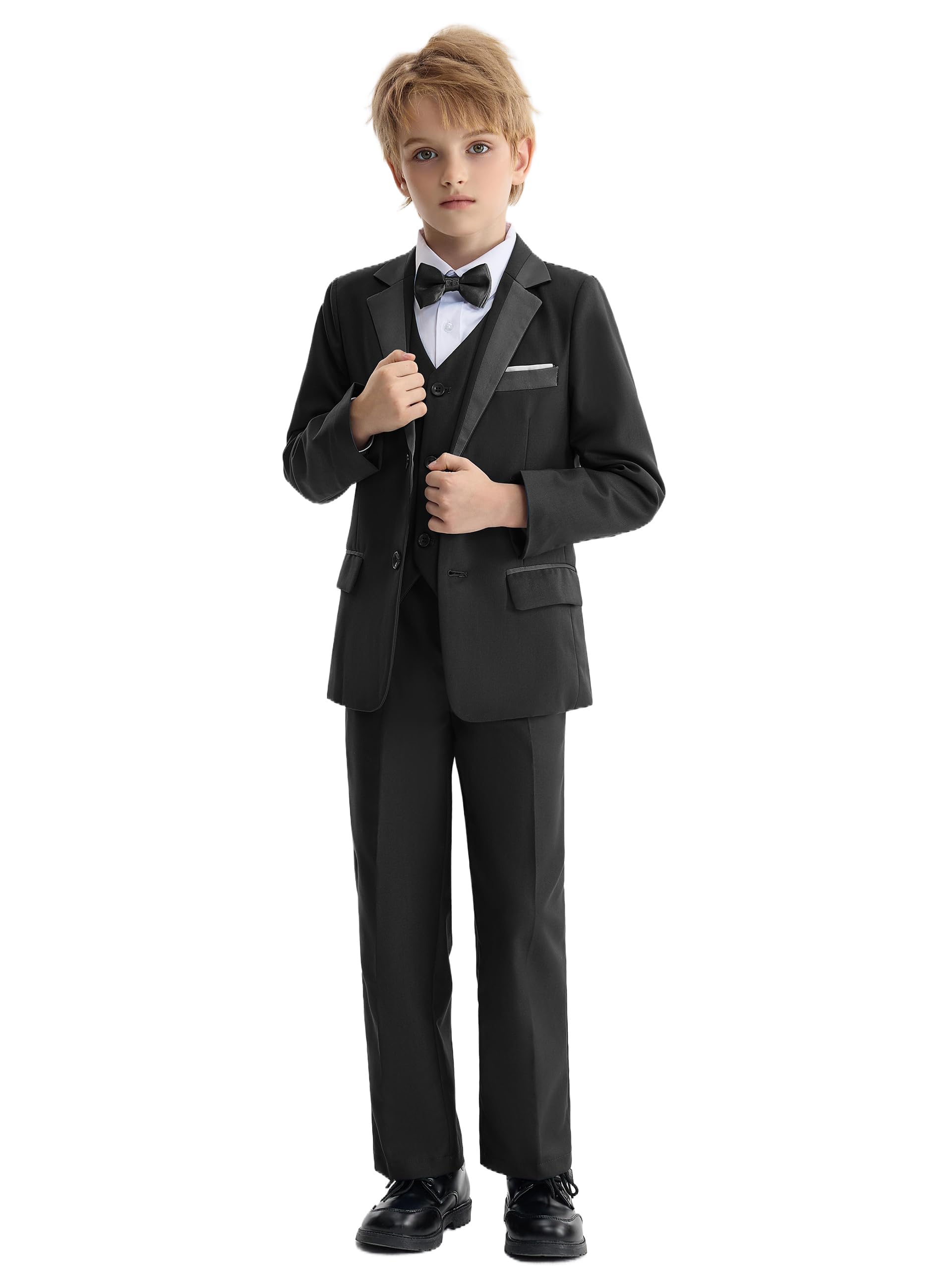 

LOLANTA Boys Formal Suit, Solid Color, 5-Piece Set, Includes Jacket, Pants, Vest, Bow Tie, and Suspenders, Perfect for Kindergarten Entrance Ceremoni