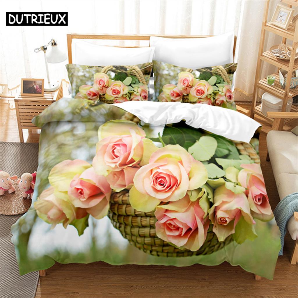 3D Digital Printing Fashion Design Natural Flowers Bedding Set, Queen Size Duvet Cover Set