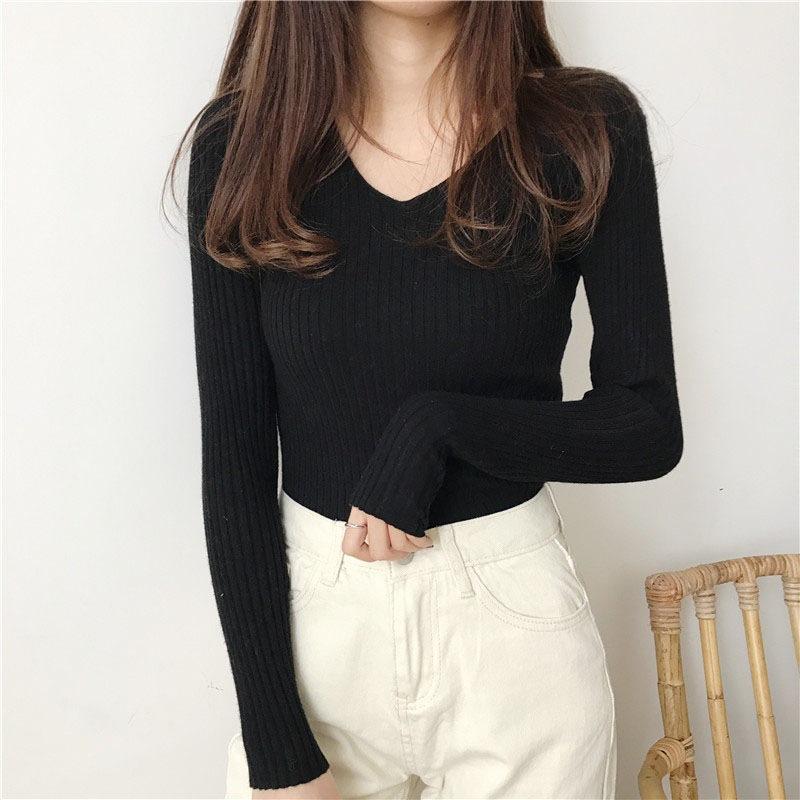 Korean Version Versatile Slim Fit Ins Autumn and Winter Long Sleeved V-neck Pullover Base Sweater Knitted Sweater with Pit Stripe Sweater for Women