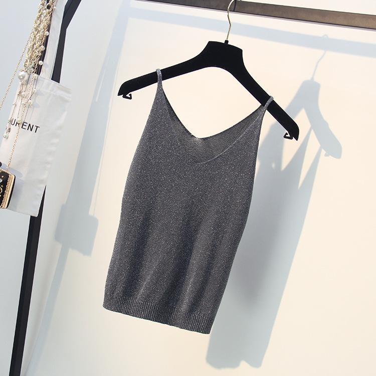 

Slim Sleeveless Sling V-neck Casual Summer Sexy Silk Knit Vest T-shirt for Women One темно-серого