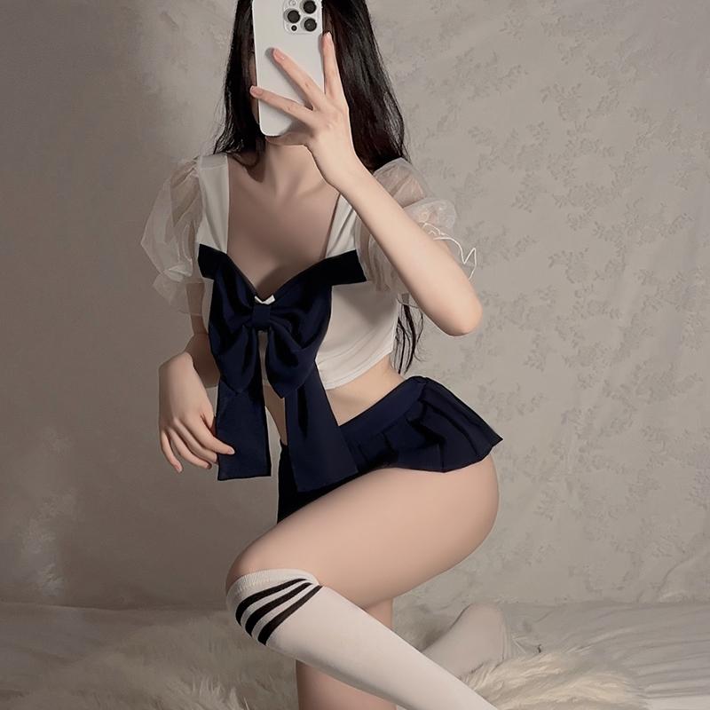School Girl Uniform Sexy Lingerie Women Student Role Play Costume Crotchless Mini Pleated Skirt Bowknot Blouse Set Porn Cosplay