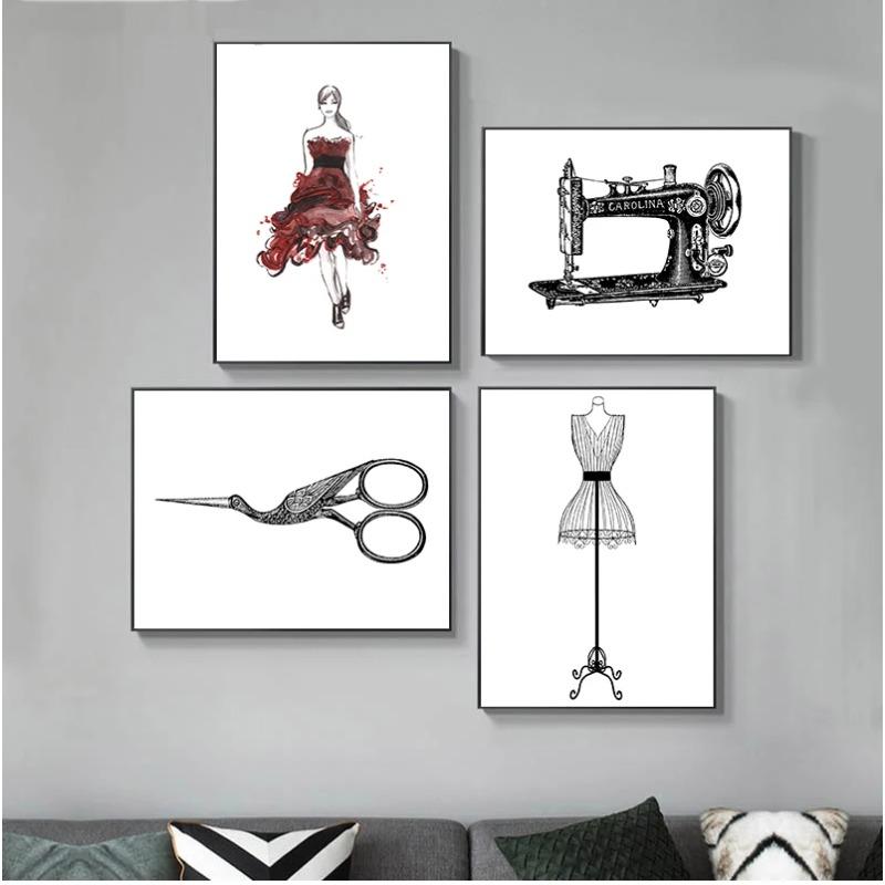 Sewing Print Fashion Wall Art Picture Room Wall Decor , Vintage Fashion Sewing Machine Poster Model Mannequin Canvas Painting