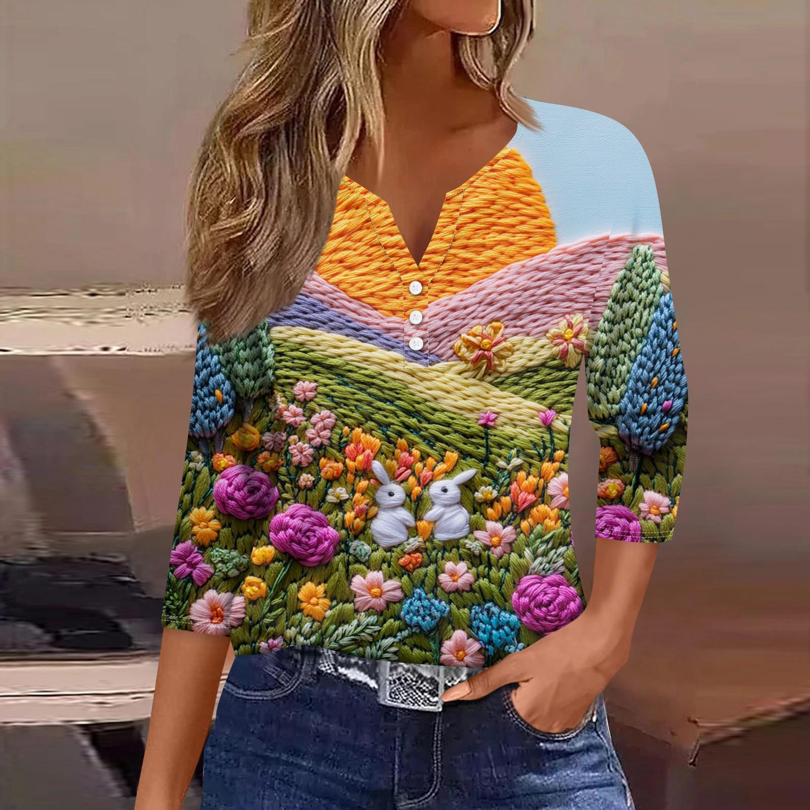 

Жен. Футболка Футболка С принтом Пуговицы Рукав 3/4 Повседневные Выходные Мода Классический V-образный вырез Обычный Топ M оранжевый