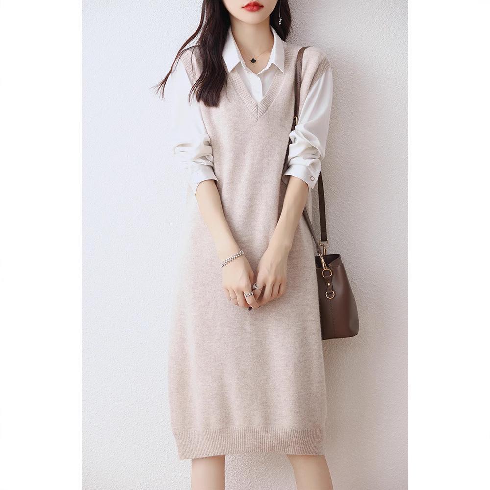 Women's 100% Wool V-Neck Sleeveless Knitted Vest Dress - Long Cardigan Style