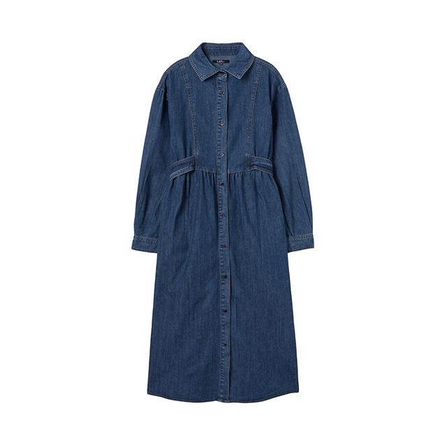 LAP Cut-Out Detail Shirt Collar Long Denim Dress Aq1Do262