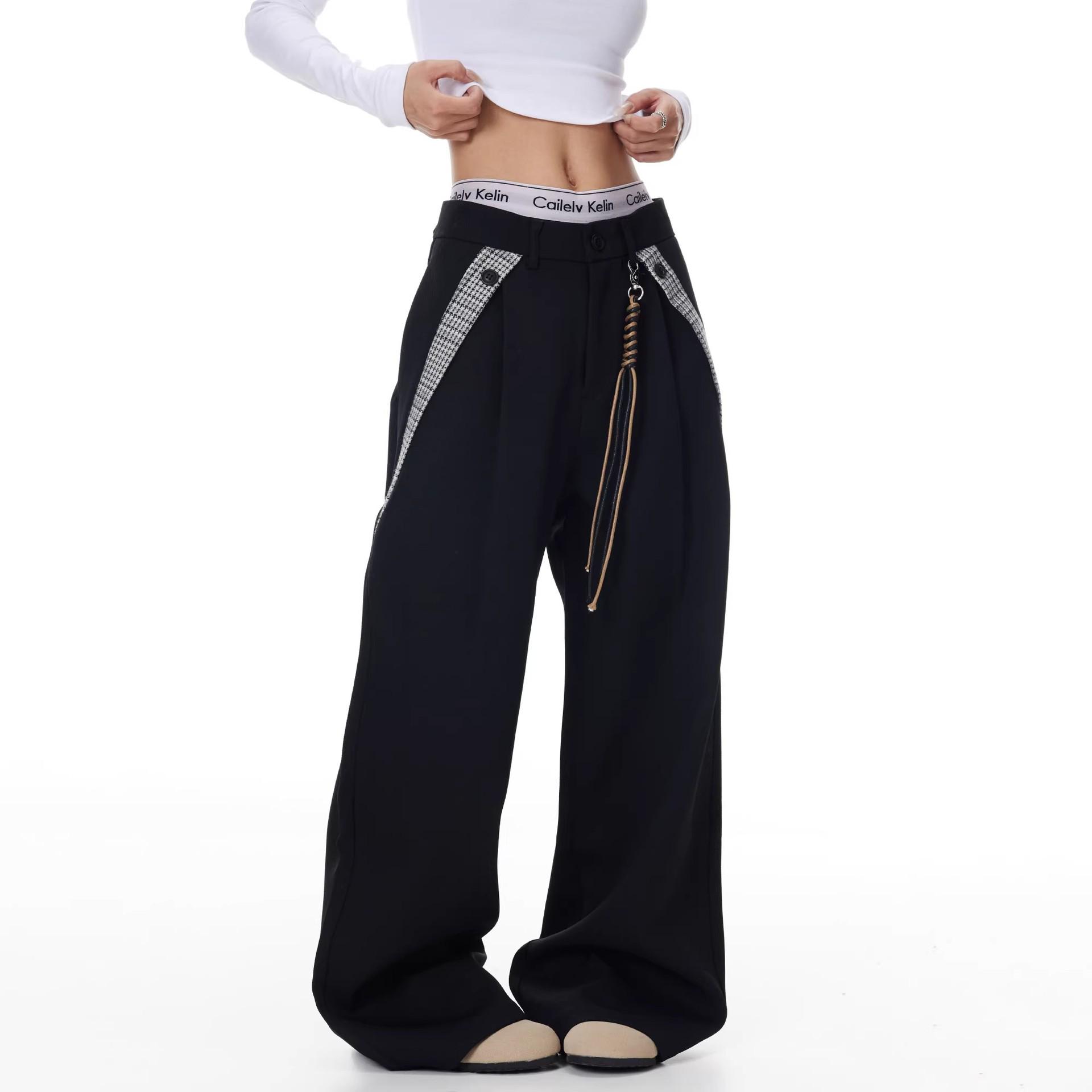 

High-End Black Curved Blade Western Trousers: Unisex Cleanfit Loose Drape Wide-Leg Casual Pants L чёрный