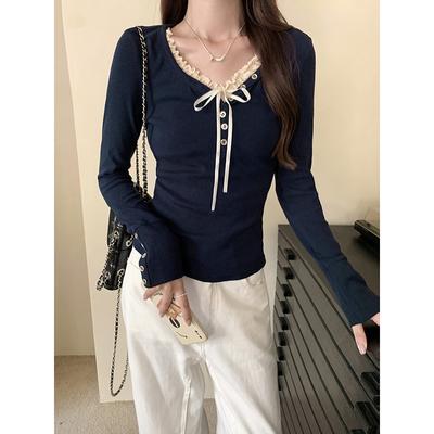 Korean Style V-neck Button Decoration Design Long-sleeved T-shirt for Women Early Autumn Slim Slim Hot Girl Short Top
