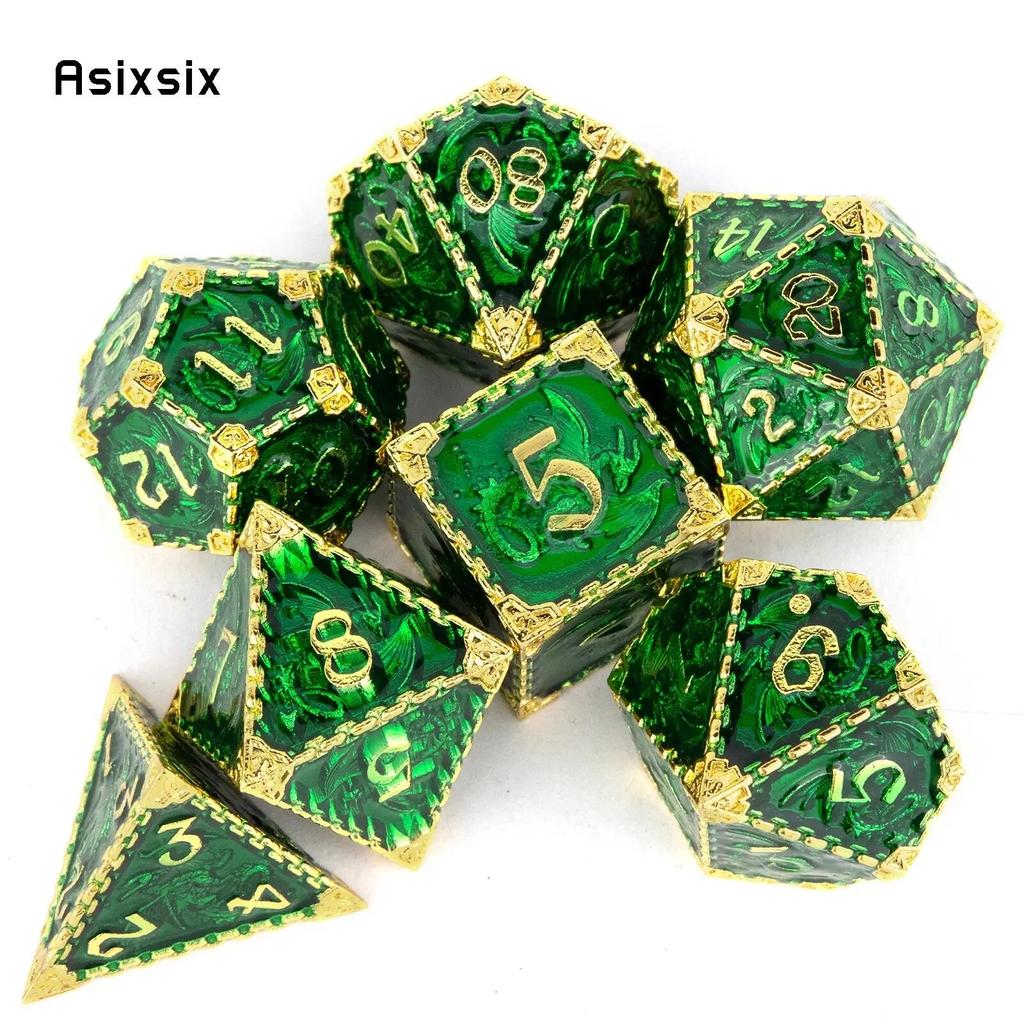 7 Pcs Green Yellow Dragon Metal Dice Solid Metal Polyhedral Dice Set Suitable for Role-Playing RPG  Board Game Card Game