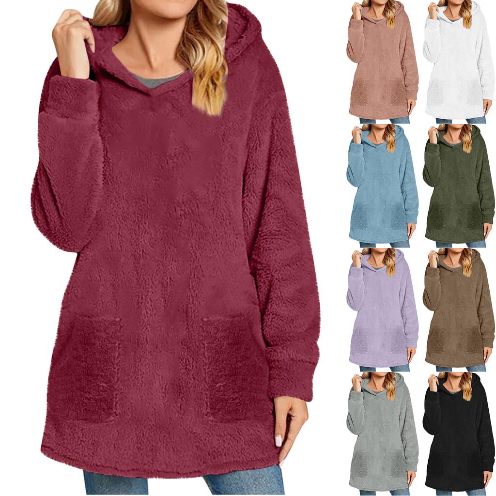 Womens Fuzzy Fleece Pullover  Double  Hoodies Ladies Warm Tops Winter Cozy Sweatshirt With Pockets