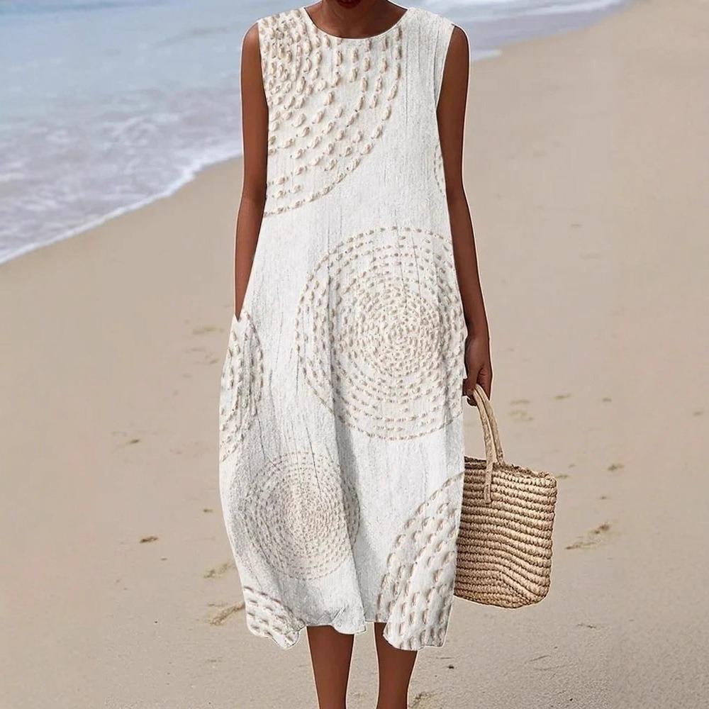 Women s Round Neck Sleeveless Textured Embossed Loose Fit Beach Midi Dress S белый