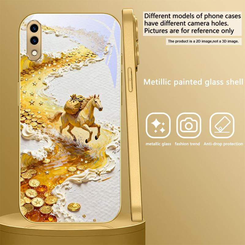 golden galloping horse For Samsung A 01 52S A04 A05S A10 A12 A13 22 23 24 36 42 M02 Note 10 20Ultra 8 9 Golden glass phone case