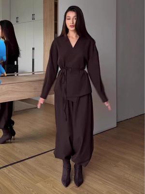 Set de 2 piese pentru femei 2025, stil european și american: Cardigan cu decolteu încrucișat și pantaloni casual cu picior larg