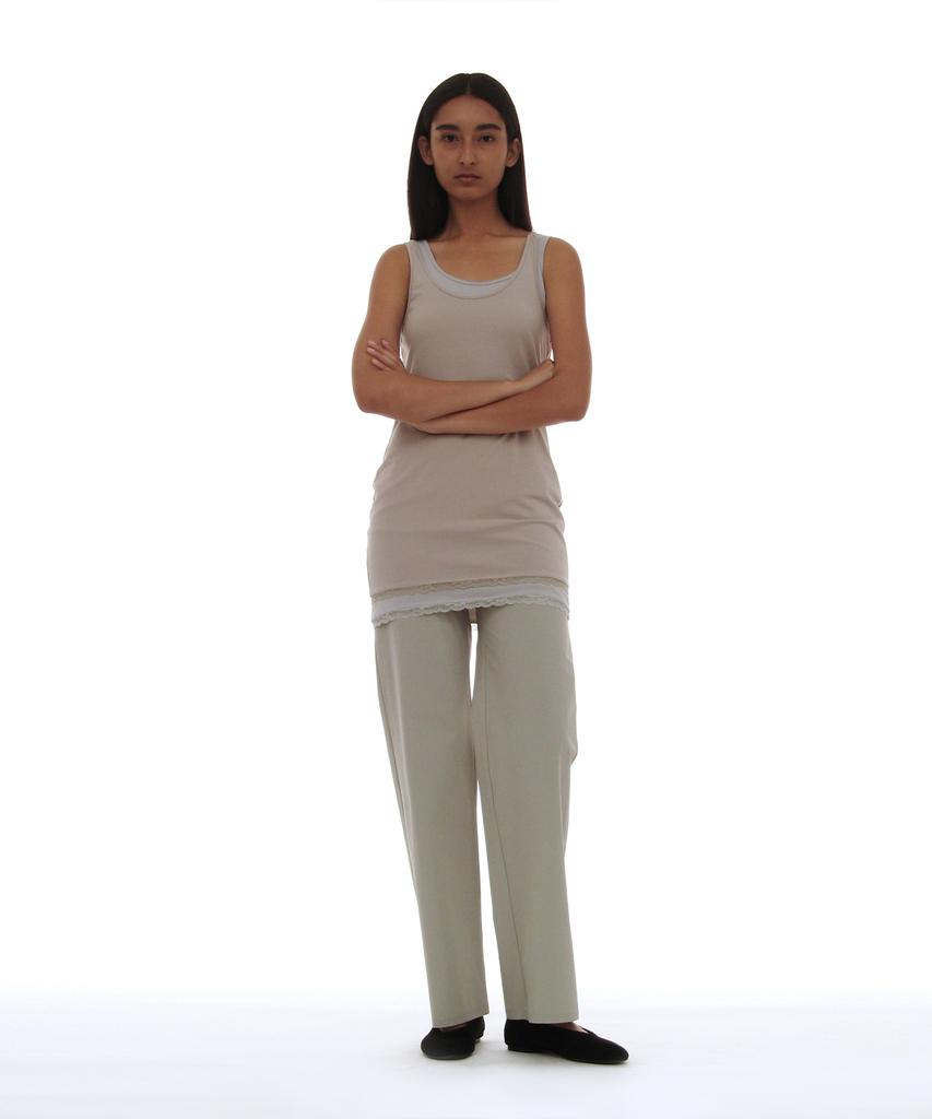 Partimento Woman Pwc Lace Trim Two-In-One Sleeveless Dress Top_Stone