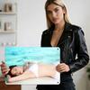 HD Metal Tin Sign Tropical Pool Portrait of Woman In White Bikini Lying by Turquoise Water Relaxing Summer Vacation Art Wall Dec