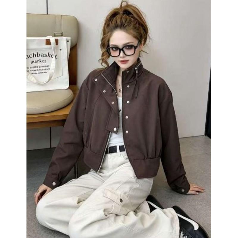 Womens Stand Collar Zip-Up Short Utility Jacket 2026 Korean Style Loose Fit Casual Outerwear