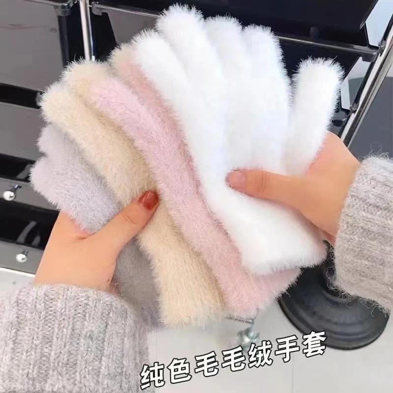 Pure White Korean Style Faux Mink Winter Gloves – Solid Color Plush Warm Cycling Gloves