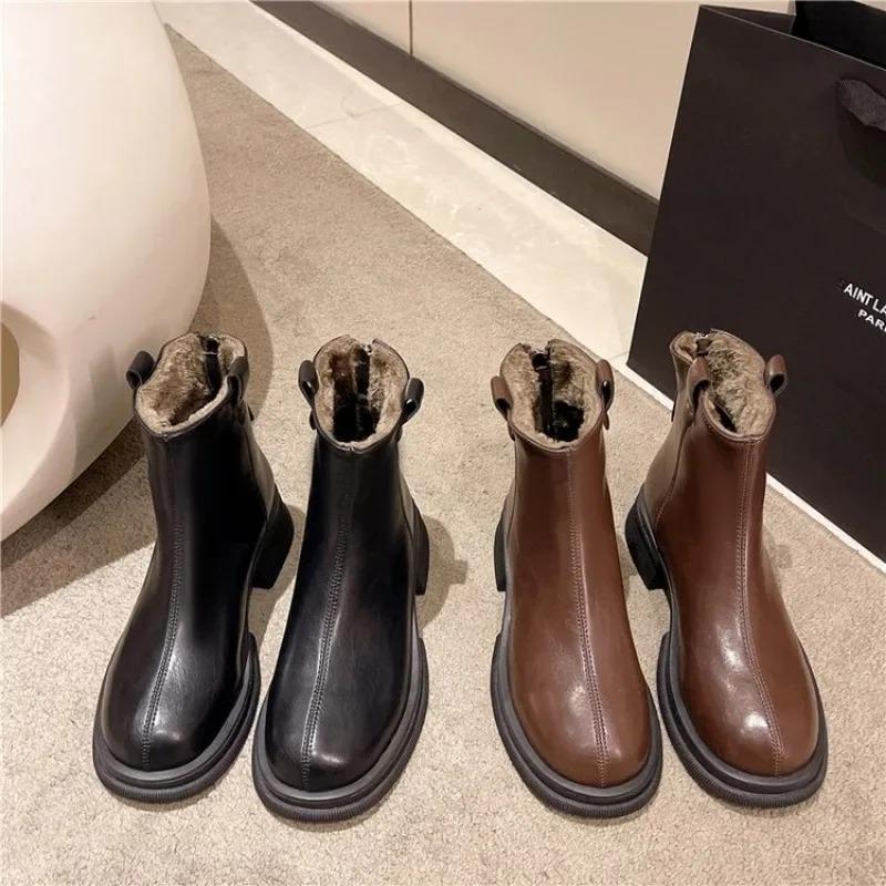 New Women Ankle Boots Fashion Female Square Heel Low-Heel Shoes Lady Boots Leather Woman Low-heel Keep Warm Ankle Boots