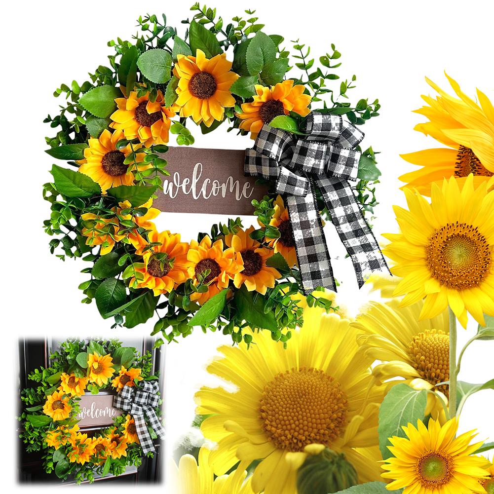 17 Inch Sunflower Wreath with Welcome Artificial Fake Flower Wreath for Front Door for Door Wall Front Porch Home Decoration