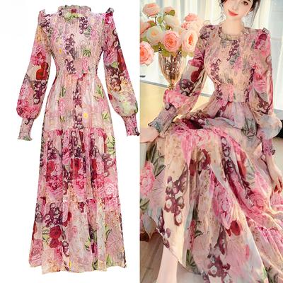 Tingfly Women Fashion Floral Print Ruched Elastic Chiffon Midi Long Dresses Lady Bohemian Flowy Casual Street Dress Elbise Robes